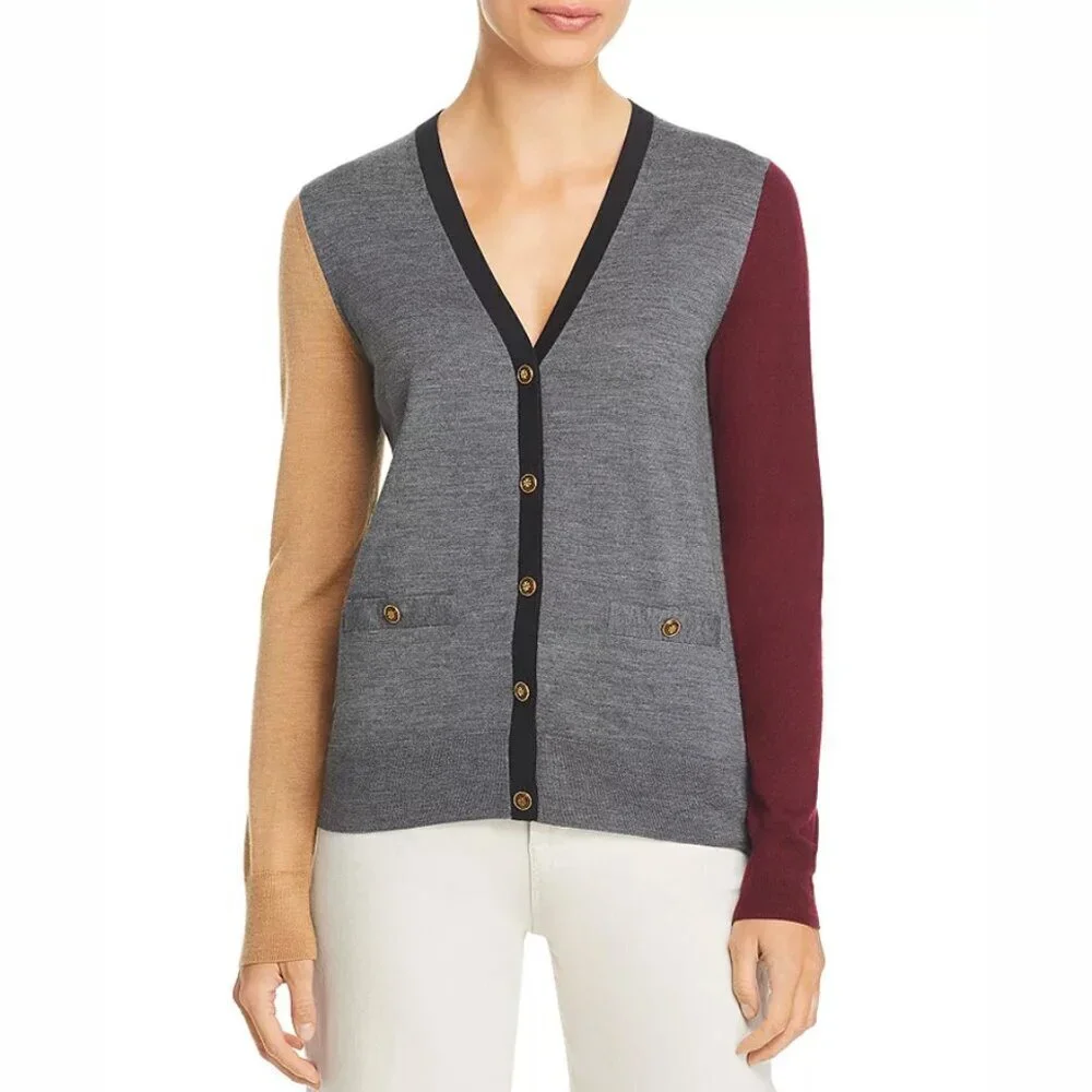 Tory Burch Madeline Color Block Merino Wool Cardigan Size M